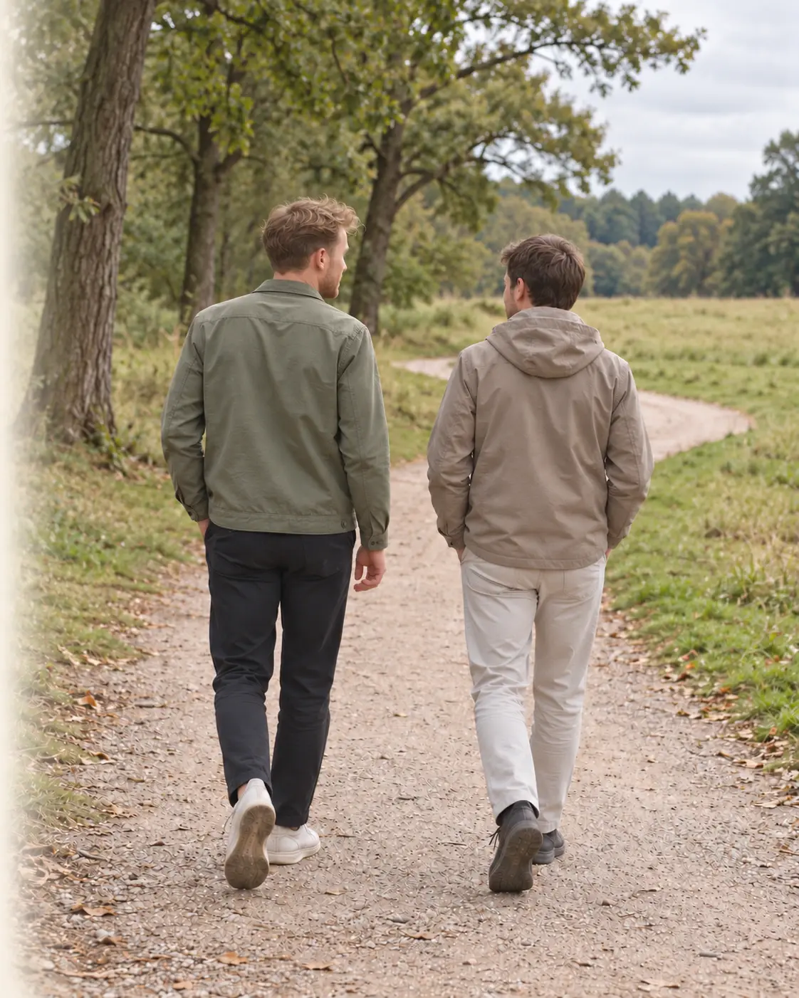 Twee mannen wandelen samen over een landweggetje